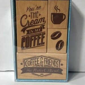 Coffee Inkadinkado Wood Block Rubber Stamp Set Bean Friends Cream Mug 4 Stamps